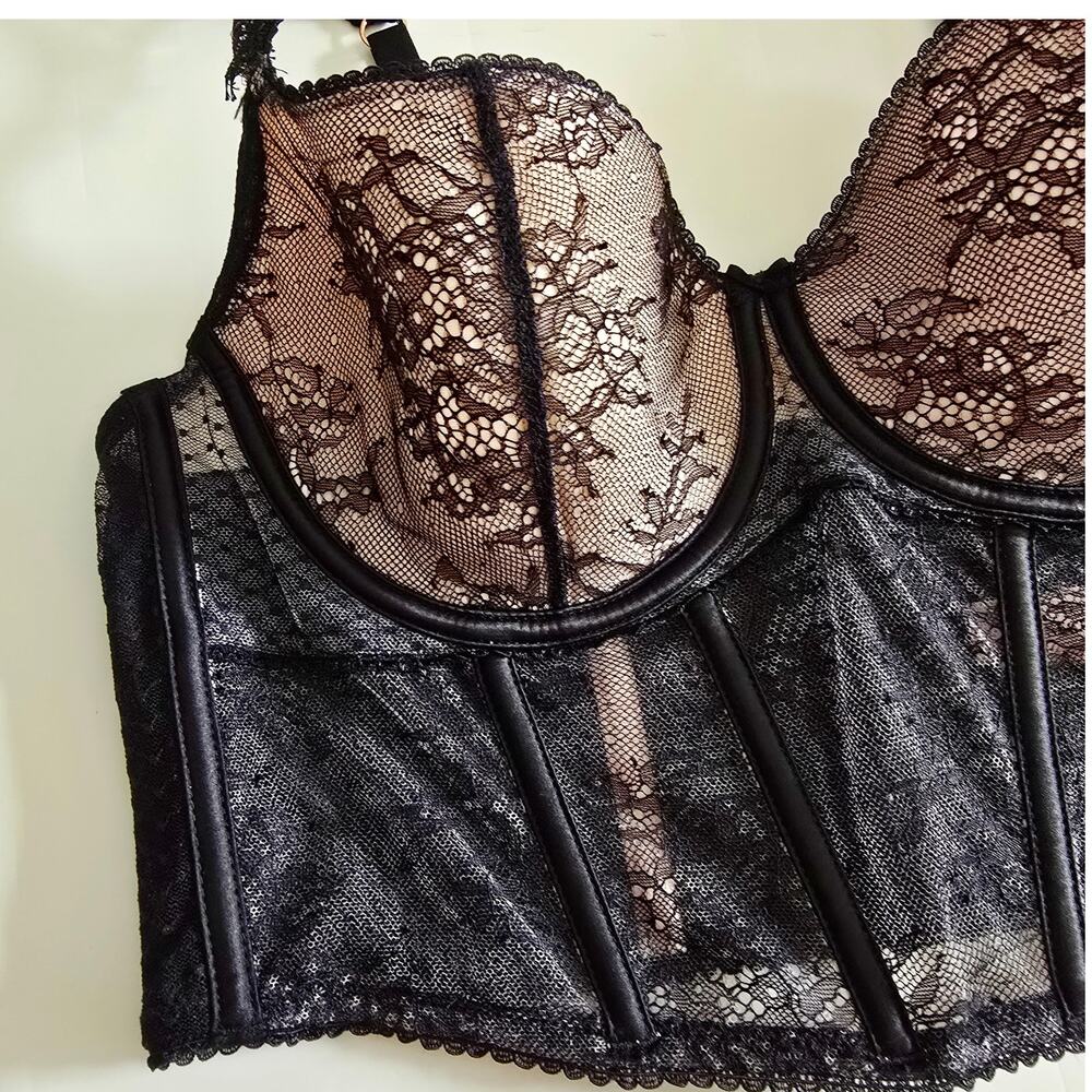 Victoria's Secret Dream Angels Lace Cap-Sleeve Corset Top Black Pink Size L